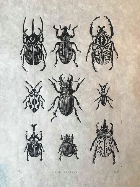 The Beetles- Handprinted linocut on washi paper, limited edition artwork (Bugs/Beatles/Insects/Linop Beetle Tattoo, Bug Tattoo, Insect Tattoo, Black Japanese, Handpoke Tattoo, Bug Art, Linocut Art, Poke Tattoo, Tattoo Flash Art