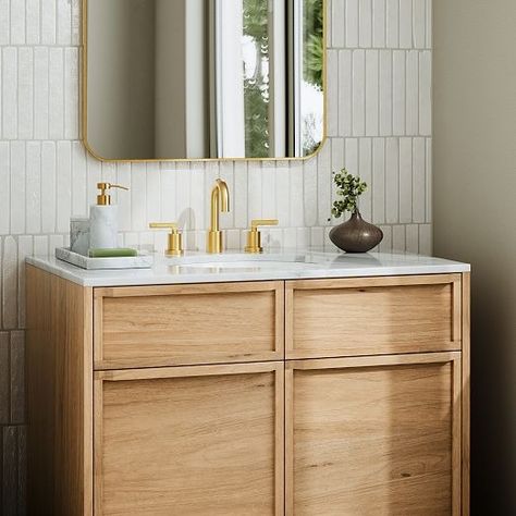 The Fall Collection | West Elm Sink Lights, Upstairs Bathrooms, Stylish Bathroom, Single Bathroom, Poplar Wood, Gold Wood, White Quartz, Fall Collection, Single Bathroom Vanity