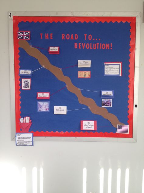 Road to Revolution Bulletin Board! Road To The Revolution, Road To Revolution, Rotation And Revolution, Door Bulletin Boards, Core Knowledge, 5th Grade Social Studies, Social Studies Classroom, Bulletin Board Ideas, History Classroom