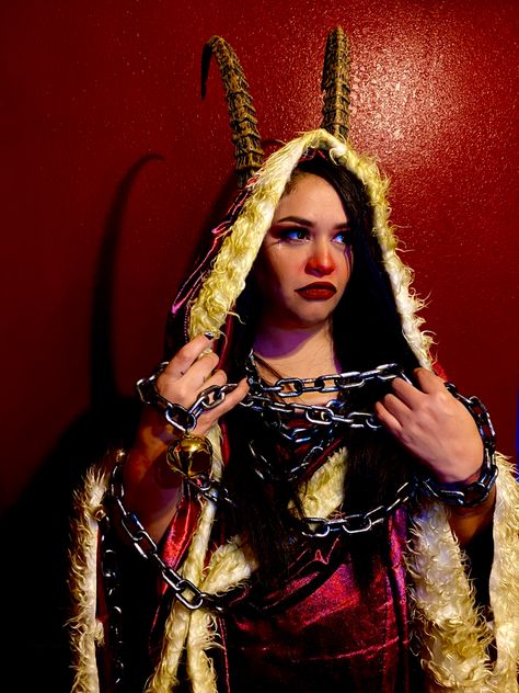 Used Spirit Halloween Krampus animatronic robe, horns and chains for this  photo shoot. Female Krampus, Krampus Costume, Yule Celebration, Witches Night Out, Creepy Christmas, Christmas Shoot, Steampunk Cosplay, Holiday Pictures, Christmas Costumes