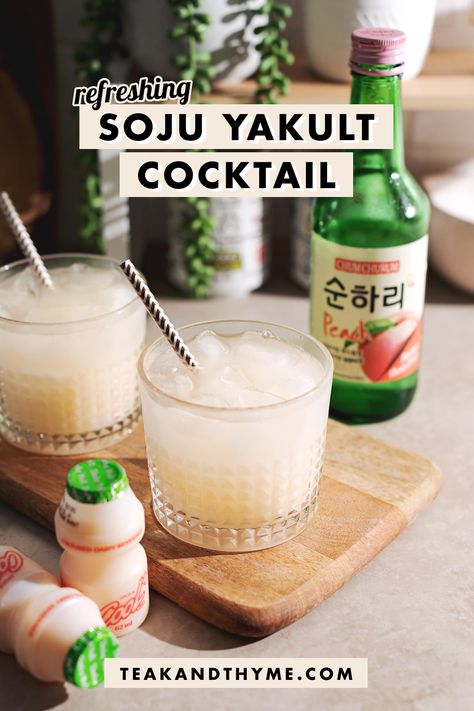 Yogurt Soju Cocktail Recipes, Soju Yakult Recipe, Peach Soju Cocktail Recipes, Jinro Soju Drinks, Makgeolli Cocktail, Soju And Yakult, Soju Mixed Drinks, Yakult Cocktail, Yakult Drink Recipe