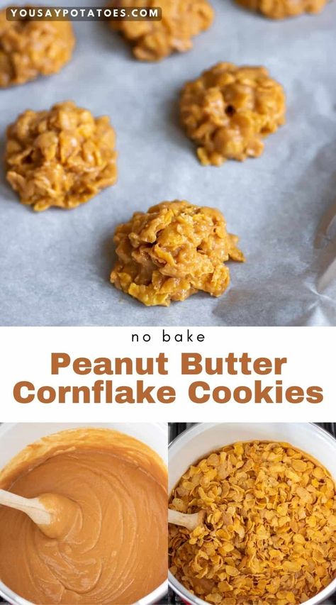 No Bake Cornflake Cookies with Peanut Butter No Bake Cornflake Cookies, Peanut Butter Cornflakes, Peanut Butter Cornflake Bars, Cornflake Candy, Cornflake Recipes, Cornflake Cookies Recipe, Peanut Butter Cornflake Cookies, Cookies With Peanut Butter, Cornflake Cookies