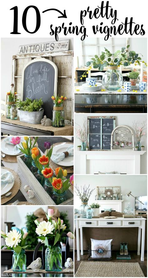 Opening the Vaults: 10 Pretty Spring Vignettes - House by Hoff Spring Living Room Decorating Ideas, Spring Vignettes, Spring Mantle Decor, Diy Holiday Decorating, Spring Farmhouse Decor, Farmhouse Spring Decor, Rustic Easter Decor, Farmhouse Easter Decor, Spring Decorating Ideas