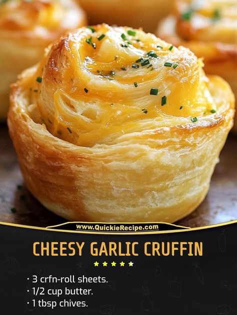 Daily Recipes Cheese Garlic Cruffins, Cheesy Garlic Cruffin Recipe, Cheesy Garlic Cruffin, Cruffins Recipe Easy, Cheesy Garlic Crescent Rolls, Yellowstone Party, Cruffin Recipe, Bakers Delight, Garlic Rolls