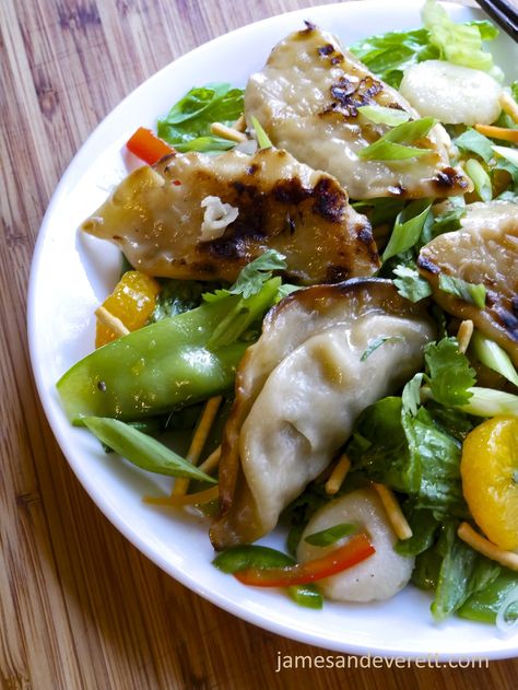 Pot Sticker Salad | James & Everett Pot Sticker Salad, Potsticker Salad, Sesame Dressing Recipe, Asian Sesame Dressing, Pot Sticker, Sesame Dressing, Mandarin Oranges, Pot Stickers, Garden Vegetables