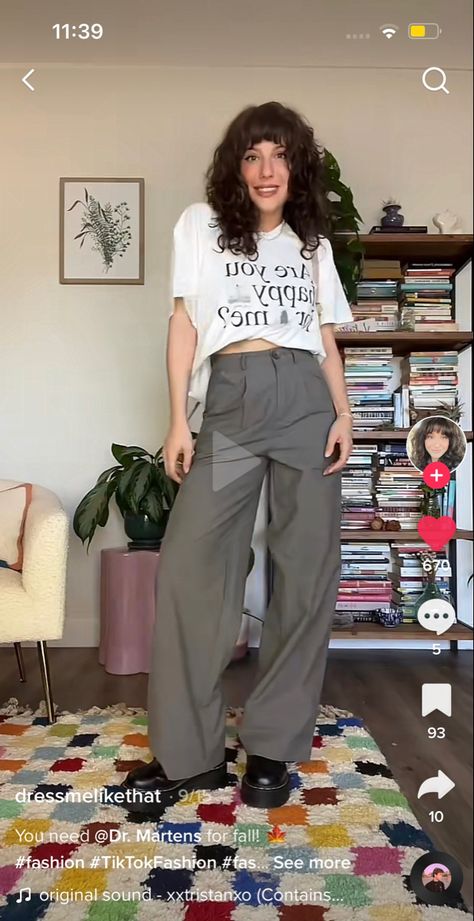 Fall outfit , Dr martens, fall fit , band tee , trousers Dr Martens Trousers Outfit, Fall Trousers Outfit, Fall Trousers, 2024 Fits, Trousers Outfit, Trouser Outfit, Tiktok Fashion, Fall Fit, Band Tees