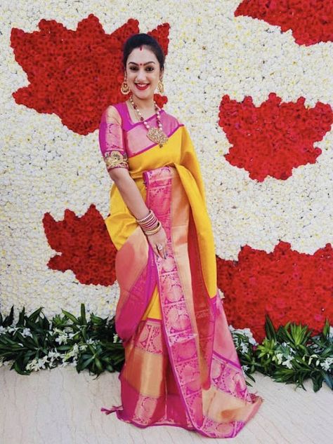 Preeta Mustard Yellow Pink Saree Yellow Pink Saree, Elbow Length Blouse, Plane Saree, Yellow Silk Saree, Nauvari Saree, Pattu Saree Blouse Designs, Saree Style, Wedding Saree Collection, Pink Border