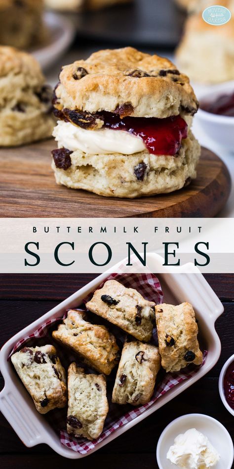 Images of buttermilk fruit scones with jam and clotted cream. Recipe by Movers and Bakers Scones Cream And Jam, Fruit Scones Recipe Easy, Buttermilk Scones Recipe Easy, Buttermilk Muffin Recipes, Scones Recipe Uk, Recipes With Buttermilk, Buttermilk Scones Recipe, Fruit Scones Recipe, Perfect Scones Recipe