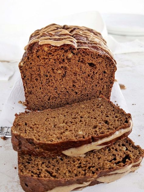 Low Calorie Gingerbread, Protein Loaf, Protein Gingerbread, Food Polls, Ginger Loaf, Molasses Bread, Gingerbread Dessert, Applesauce Bread, Almond Glaze