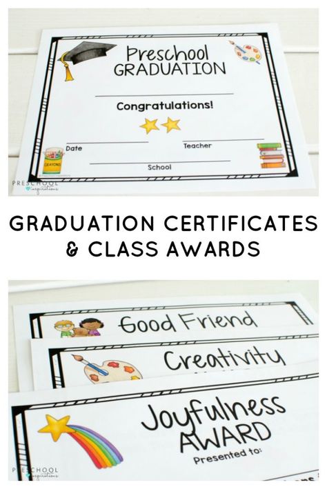 Graduation Certificates and Class Awards for Preschool & Kindergarten - Preschool Inspirations Graduation Crafts Preschool, Preschool Graduation Theme, Kindergarten Graduation Certificate, Vpk Graduation, Preschool Certificates, Kindergarten Diploma, Preschool Graduation Party, Graduation Kindergarten, Preschool Diploma