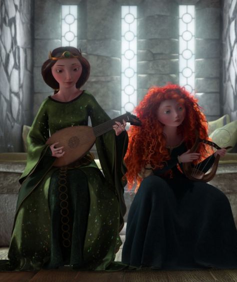 BRAVE - As she has grown up, Merida is still very energetic and free spirited, but has a more strained relationship with her mother. This is because she views the strict training and social etiquette that her mother teaches her as tedious and bothersome. She also thinks her mother places too much expectation on her to become the same type of person she is without listening to what Merida wants, since her mother continually and strictly instructed her in how to be a "proper" princess. Brave 2012, Disney Princess Merida, Merida Disney, Princess Merida, Disney Brave, Merida Brave, Disney Pixar Movies, Lilo Et Stitch, Disney Princess Dresses