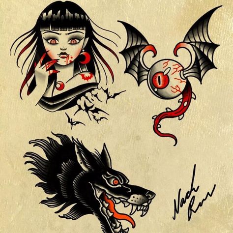 American Traditional Tattoos Goth, Traditional Tattoo Practice, Traditional Satanic Tattoo, Gothic American Traditional Tattoo, Traditional Neck Tattoo, Dracula Tattoo, Traditional Heart Tattoos, Traditional Tattoo Old School, Minimalist Tattoo Ideas