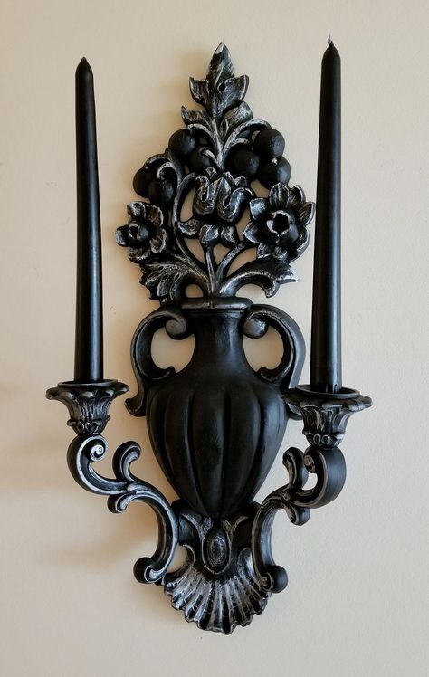 Victorian Goth Decor Vintage Wall Sconce Black Candle | Etsy Elegant Goth Home Decor, Victorian Goth Room, Goth Home Aesthetic, Goth Furniture, Gothic Bedroom Decor, Victorian Goth Decor, Victorian Gothic Decor, Goth Office, Gothic Wall Decor