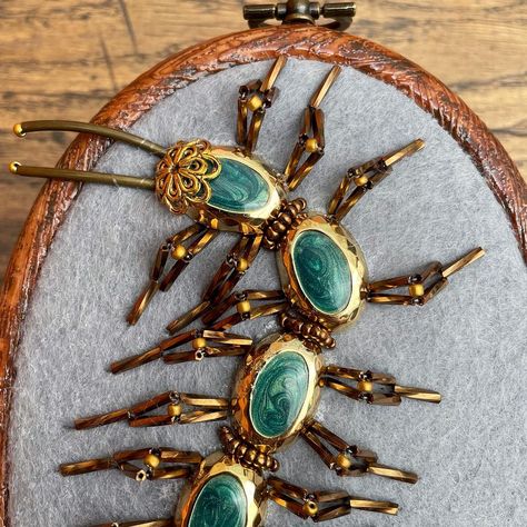 Sarah Leonard | Centipede 🪱 Featuring repurposed jewellery and beads. #fauxtaxidermy #entomologyart #3dembroidery #insectart #contemporaryembroidery… | Instagram Creepy Crafts, Entomology Art, Bug Boy, Bone Art, Contemporary Embroidery, Faux Taxidermy, Embroidery Gifts, Repurposed Jewelry, Insect Art