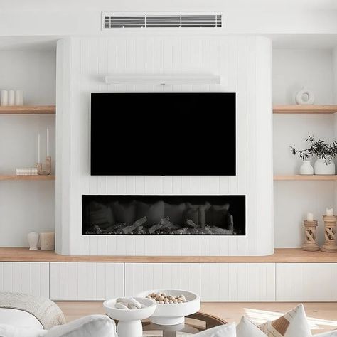 Tv Gas Fireplace Wall Ideas, Build In Tv Cabinet Wall Units With Fireplace, Tv Unit In Niche Wall, Tv Fireplace Cabinet, Inbuilt Cabinet Living Room, Niche Tv Wall, Tv Cabinetry Built In, Modern Mediterranean Tv Wall, Gas Fire Places Ideas Living Room Modern