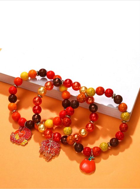 Autumn fall beaded bracelets thanksgiving Halloween Bracelets Fall, Leaf Turkey, Fall Bead, Autumn Bracelet, Rubber Band Bracelet, Life Is A Gift, Charms Bracelet, Bracelet Ideas, Fall Accessories