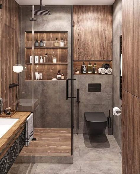 Modern Bathroom Design Latest Trends, Bathroom Accent Wall, Restroom Design, Bathroom Inspiration Modern, Great Bathrooms, Brown Bathroom, Stunning Bathrooms, Rustic Farmhouse Kitchen, Room Partition Designs