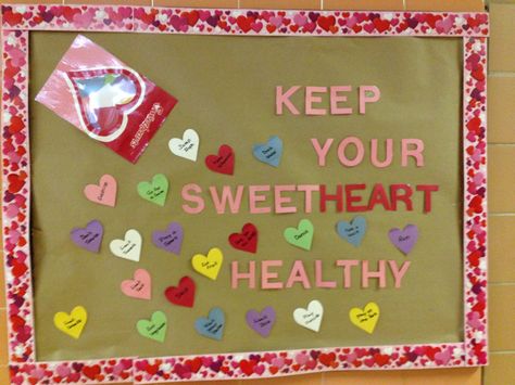 Heart Health Bulletin Board Ideas, Heart Healthy Bulletin Board Ideas, Cafeteria Decorations, School Cafeteria Decorations, Physical Education Bulletin Boards, Pe Bulletin Boards, Cardiac Rehab, Dr Office, Nurse Bulletin Board