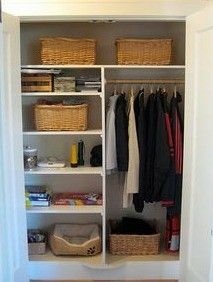 Mudroom Walk In Closet Ideas, Pantry And Coat Closet Combo, Sliding Door Closet Organization Ideas, Mudroom Closets, Front Closet Organization, Cost Closet, Coat Closets, Front Hall Closet, Hallway Cupboards