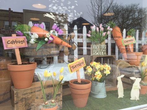 Easter Retail Window Displays, August Window Display Ideas, Florist Display Ideas, Easter Store Display, Spring Storefront Window Displays, Spring Display Window, March Window Display Ideas, Easter Shop Window Displays, Spring Displays Retail