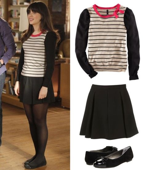 Jessica Day Outfits, New Girl Season 1, Zooey Deschanel Style, New Girl Outfits, New Girl Style, Jessica Day, Gamine Style, Court Dresses, Black Pleated Skirt