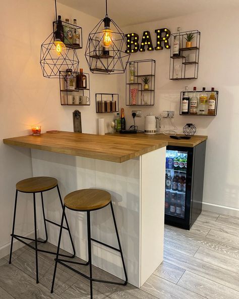 194 Likes, 11 Comments - 💁🏼‍♀️ Chloe (@justanormalhouse) on Instagram: “I took another picture of the bar last night with all the candles and dimmer lights on in the room,…” Living Room Bar Ideas, Home Bar Plans, Home Bar Counter, Kitchen Bar Design, Home Bar Areas, Bar Shed, Home Bar Rooms, Modern Home Bar, Bar In Casa