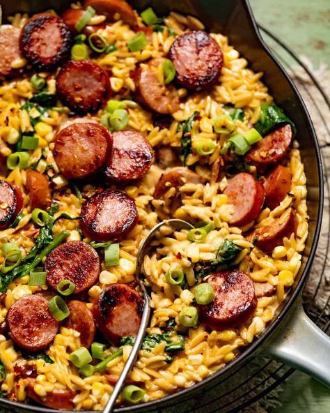 Creamy Cajun Orzo with Sausage (One Pan!) - Britney Breaks Bread Jalepeno Sausage Meals, Orzo Jambalaya, Sausage And Orzo Recipe, Andullio Sausage Recipes, Sausage Orzo Recipes, Cajun Orzo, Orzo With Sausage, Fall Dinner Recipes For Two, Sausage And Orzo