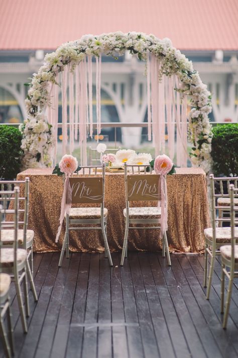 Gorgeous flower arch and sequinned solemnisation table. Wedding Table Layout, Registration Table, Wedding Table Layouts, Blue White Weddings, Table Layout, Flower Arch, Rustic Vintage Wedding, Rustic Wedding Diy, Venue Decorations