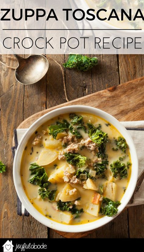 This Zuppa Toscana crock pot recipe will make you feel like you're in Olive Garden... or Italy. Easy to make in the crockpot, and great for freezer meals for later. Tuscan sausage kale potato soup recipe | soup recipes | homemade zuppa toscana soup | cold weather meal ideas | recipes using kale | zuppa toscana soup recipe || Joyful Abode Zuppa Toscana Crockpot, Recipe Using Kale, Crockpot Zuppa Toscana, Sausage Potato Kale Soup, Zuppa Toscana Soup Olive Garden, Kale Potato Soup, Sausage Crockpot, Zuppa Toscana Soup, Recipe Potato