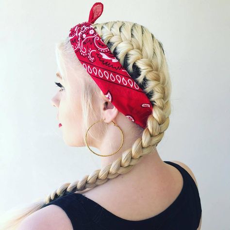 Bandana hairstyles: Woman with yellow blonde French braids with a red bandana tied around her head French Braids With Bandana, French Braid With Bandana, Bandana Hairstyles With Braids, Bandana With Braids, Bandana Hairstyles Braids, Blonde French Braids, Braids With Bandana, Zumba Clothes, Bandana Hairstyles For Long Hair