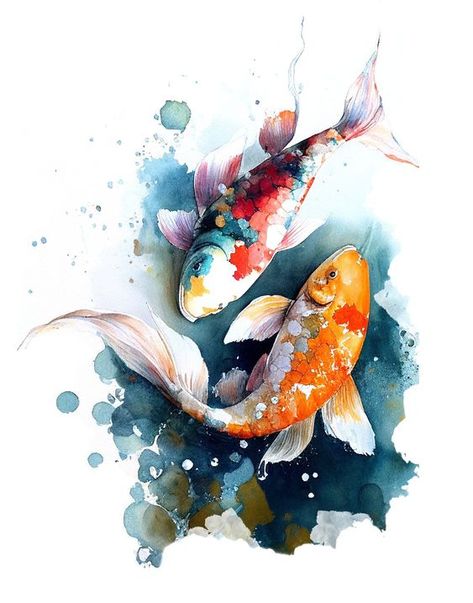 Coy Fish Watercolor Painting, Watercolor Art Images, Koi Fish Painting Watercolors, Aquarelle Art Ideas, Watercolor Sign, Koi Fish Illustration, Koi Fish Wall Art, Fish Watercolor Painting, Koi Fish Print