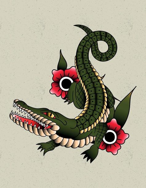 crocodile tattoo old school Traditional Tattoo Animals, Japanese Snake, Alligator Tattoo, Crocodile Tattoo, Japanese Snake Tattoo, Traditional Tattoo Inspiration, American Traditional Tattoo Ideas, Traditional Tattoo Ideas, Medieval Tattoo