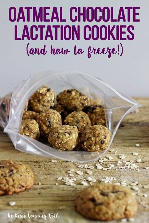 Oatmeal Chocolate Lactation Cookies - full of oats, LSA & brewers yeast (and chocolate!) and the perfect snack for any new breastfeeding mama! Plus, I've included instructions for freezing the dough so you can have fresh cookies at a moments notice! They're the perfect gift to take to new a new mom (mum) or to help you on your breastfeeding journey! #thekiwicountrygirl #lactation #oatmeal #brewersyeast #breastfeeding #cookies Lactation Oatmeal, Home Baking Recipes, Breastfeeding Cookies, Oatmeal Peanut Butter, Breastfeeding Snacks, Simple Cookie, Breastfeeding Foods, Lactation Recipes, Lactation Cookies