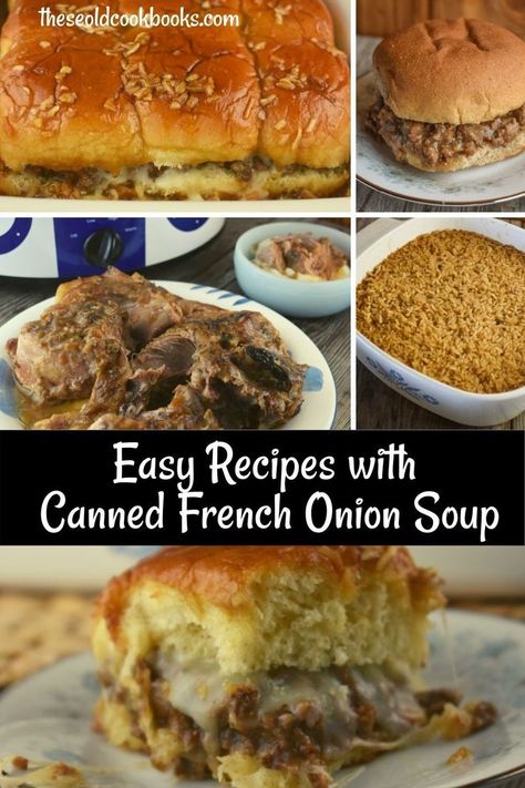 What to make with canned French onion soup is something you may be asking yourself as you look at those extra cans of in your pantry. Condensed French onion soup adds exceptional flavor to a variety… More Campbell Soup Chicken Recipes, Condensed French Onion Soup Recipe, Recipe Using French Onion Soup, French Onion Soup Meatloaf, French Onion Soup Sandwich, Yummy Sliders, Campbell Recipes, Can Soup Recipe, Easy French Onion Soup Recipe