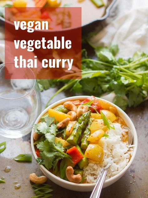 Tender asparagus, new potatoes, and red bell peppers are simmered in turmeric-spiked Thai coconut curry sauce to make this scrumptious veggie curry! A delicious Asian-inspired meal that's packed with flavor and easy enough for a weeknight dinner! Vegan, vegetarian, and optionally gluten-free! #veganrecipe #thaicurry #weeknightdinner Tender Asparagus, Veggie Curry, Thai Coconut Curry, Coconut Curry Sauce, Red Thai, Dinner Vegan, New Potatoes, Red Bell Peppers, Thai Coconut