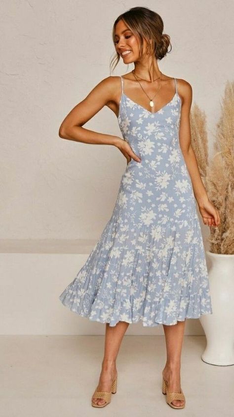 Mid Length Summer Dress, Summer Wedding Outfit Guest Semi Formal, Best Wedding Guest Dresses Summer Casual, Light Blue Tea Length Dress, Pretty Summer Dresses Classy, Pastel Dress Outfit Wedding, Wedding Guest Dress Summer Casual, Spring Summer 2023 Shoes, Dresses Ideas For Women