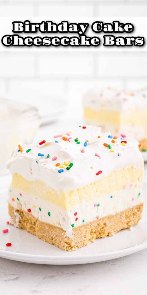 Birthday Cake Cheesecake Bars dessert is an ultra-creamy no-bake recipe inspired by Pillsbury's funfetti cake mix. It's layered with a buttery cookie crust, cheesecake filling with rainbow sprinkles, vanilla pudding mix, and a whipped topping! Cookie Crust Cheesecake, Funfetti Cake Mix Recipes, Desserts Bars, Birthday Cake Cheesecake, Pan Desserts, Birthday Cheesecake, Bars Dessert, Funfetti Cake Mix, Cake Cheesecake