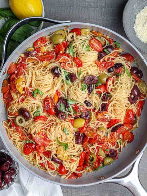 Capellini with Tomatoes & Parmesan Capellini Pasta, Pasta Lemon, Lemon Parmesan Pasta, Recipe With Tomatoes, Tomato Harvest, Plant Based Meal Planning, Cooking Tomatoes, Italian Foods, Greek Olives