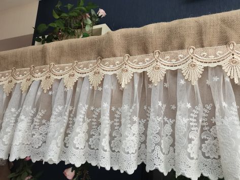 Rustic Romantic Kitchen  Valance Burlap lace  Decor Kitchen Curtain Shabby  Burlap Curtain Rustic window treatments Wedding Garland  Be unique, be special, and be lovely! Measurement:  1: wide is about 40", the length is about 14"(including pole pocket)(as the pictures show) Features: Natural burlap and  lace  notice: the lace will be little different from the pictures show, because of the light.  SHIPPING You will receive an email with tracking # once your package is shipped. Please note this i Rustic Window Treatments, Burlap Kitchen, Romantic Kitchen, Lace Valances, Cute Curtains, Lace Curtain, Burlap Decor, Rustic Window, Burlap Curtains