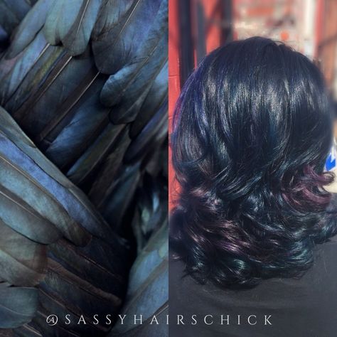 Raven feather inspired hair Raven Inspired Hair, Raven Colored Hair, Raven Haircut, Raven Hairstyle, Pigeon Hair, Feather In Hair, Raven Hair Color, Raven Black Hair, Paranormal Detective