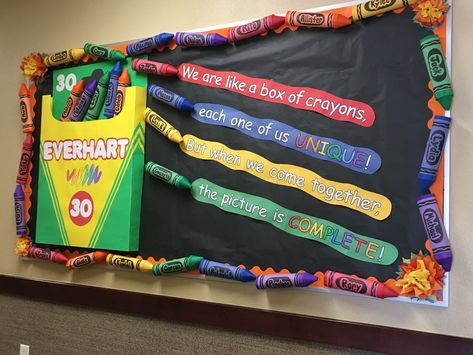 Crayon Bulletin Board Preschool, Crayon Bulletin Board Ideas, Crayon Bulletin Boards, Crayon Themed Classroom, Counseling Bulletin Boards, Easter Snacks, Classroom Management Tool, Fun School, School Decor