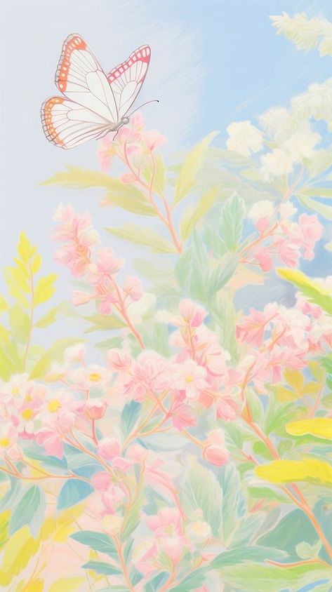 Cute butterfly in garden backgrounds painting outdoors. | free image by rawpixel.com / Wariya Sopitpakdeepong Butterfly In Garden, Backgrounds Painting, Butterfly Phone Wallpaper, Garden Butterfly, Garden Bridal Showers, Pattern Butterfly, Dreamy Artwork, Garden Drawing, Flower Theme