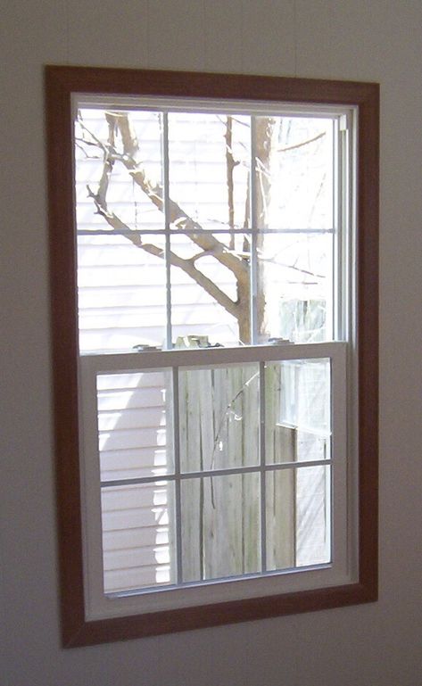 White window natural wood trim White Window Wood Trim, White Windows With Wood Trim, Natural Wood Trim, Stained Wood Trim, Diy Window Trim, No Upper Cabinets, Gray House Exterior, White Windows, Grey Houses