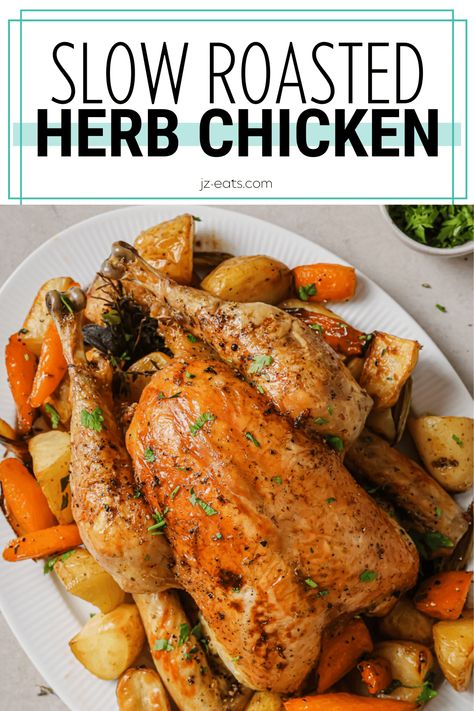 Slow Roasted Chicken is all made in one pan, requires minimal prep, and only a handful of fresh ingredients. It's easy to clean up and this recipe is completely foolproof! 70 Hair, Whole Roast Chicken, Golden Skin, Simple Dinners, Herb Roasted Chicken, Herb Chicken, Chicken Meals, Slow Roast, Roast Chicken Recipes