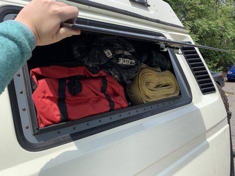 Custom Vanagon Window Storage Box Vanagon Interior Ideas, Vanagon Hacks, Vw Hippie Van, Camper Storage Ideas Travel Trailers, Vw T4 Syncro, Boogie Van, Vw T3 Camper, Vw Microbus, Window Storage