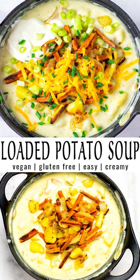 Easy and super satisfying: this Loaded Potato Soup is a keeper that the whole family will devour in no time. Even the pickiest kids will eat it up, satisfying, easy and no one would ever taste it is vegan. #vegan #dairyfree #glutenfree #vegetarian #dinner #lunch #mealprep #contentednesscooking #potatosoup #loadedpotatosoup Vegan Potato Soup, Loaded Potato Soup, Loaded Baked Potato Soup, Creamy Potato Soup, Vegan Bacon, Baked Potato Soup, Loaded Potato, Dairy Free Diet, Vegan Potato