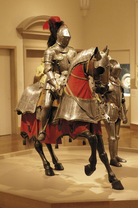 Armour for horse and man: Italy (probably Milan), ~1565. Field Armour:  Italy, ~1575. Horse In Armor, Horse Armour, Medieval Horse, Ancient Armor, Horse Armor, Historical Armor, Knight In Shining Armor, On Horseback, Knight Armor