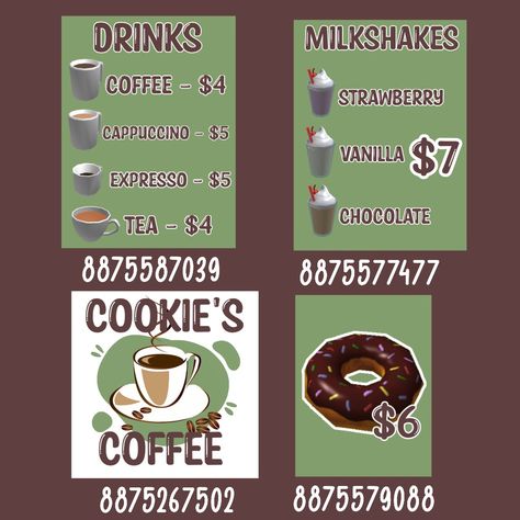 Bloxburg Menus Codes, Bloxburg Shake Shack Decals, Roblox Coffee Shop Decals, Restraunt Bloxburg Ideas, Bloxburg Coffee Shop Menu Decals, Restaurant Codes Bloxburg, Blox Burg Cafe Ideas, Starbucks Bloxburg Decals Logo, Coffee Bloxburg Decals