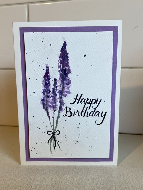 Cute Purple Birthday Card Ideas, Acrylic Paint Birthday Card, Purple Card Ideas, 50 Th Birthday Cards For Female, Watercolour Birthday Cards, Purple Birthday Card, Happy Birthday Cards Diy, Unicorn Birthday Cards, Creative Birthday Cards