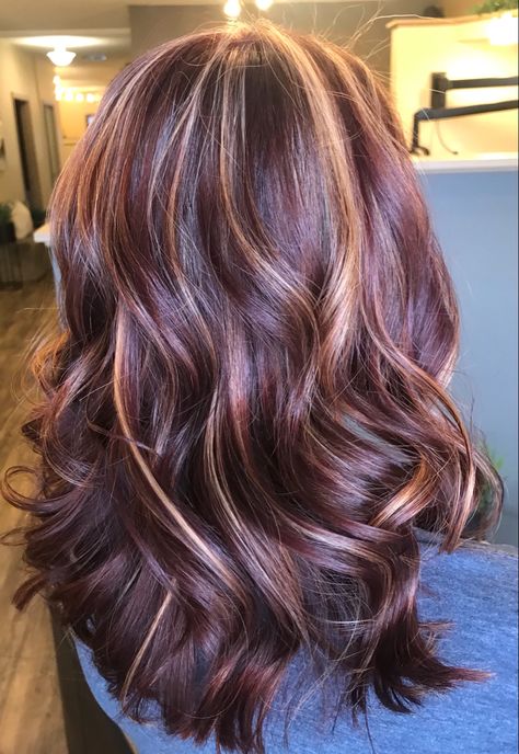 Mahogany Hair With Highlights, Burgundy And Blonde Highlights, Mahogany Hair Highlights, Reddish Brown Hair With Highlights Caramel Red, Cherry Red Hair With Highlights, Mahogany Hair Color With Highlights, Foil Hair Color, Hair Bun Ideas, Mahogany Hair Color